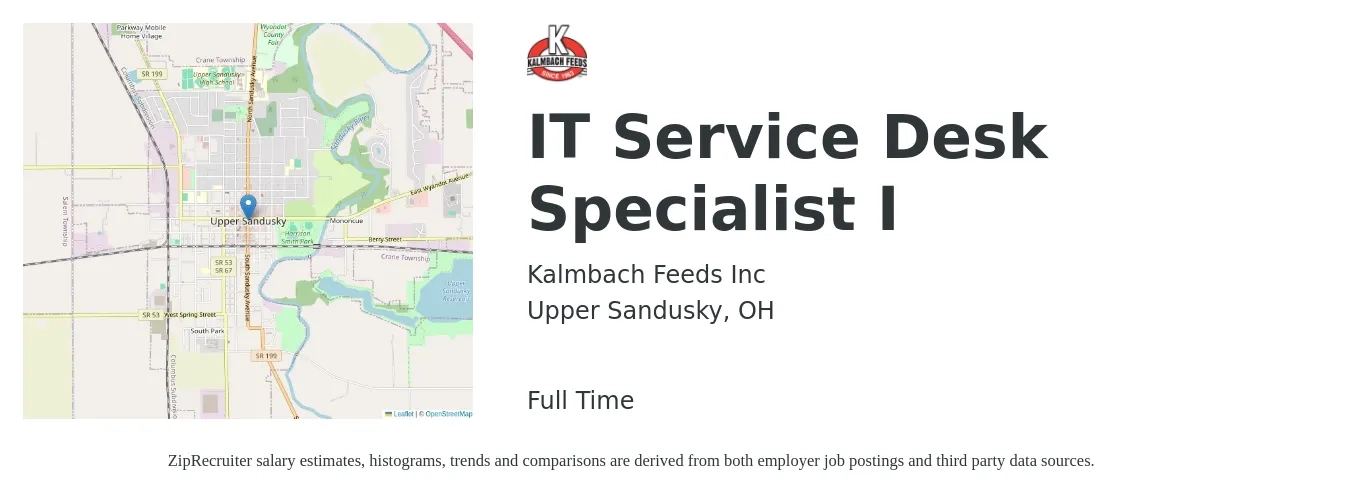Kalmbach Feeds Inc job posting for a IT Service Desk Specialist I in Upper Sandusky, OH with a salary of $22 to $34 Hourly with a map of Upper Sandusky location.