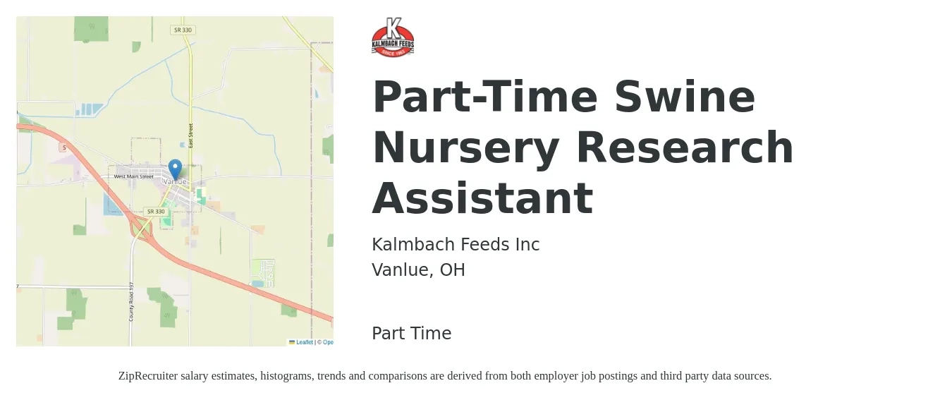 Kalmbach Feeds Inc job posting for a Part-Time Swine Nursery Research Assistant in Vanlue, OH with a salary of $14 Hourly with a map of Vanlue location.