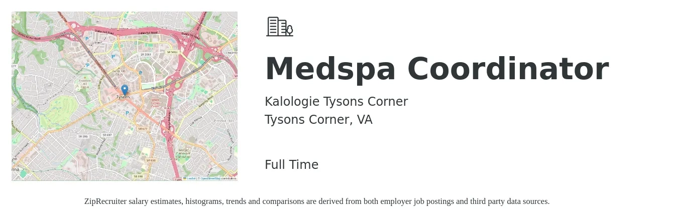 Kalologie Tysons Corner job posting for a Medspa Coordinator in Tysons Corner, VA with a salary of $20 to $30 Hourly with a map of Tysons Corner location.