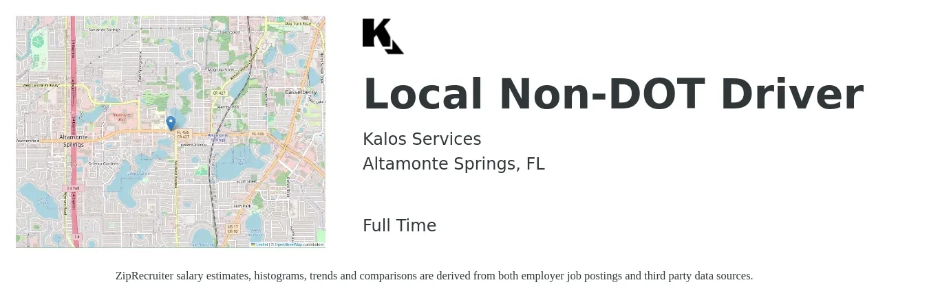 Kalos Services job posting for a Local Non-DOT Driver in Altamonte Springs, FL with a salary of $19 to $28 Hourly with a map of Altamonte Springs location.