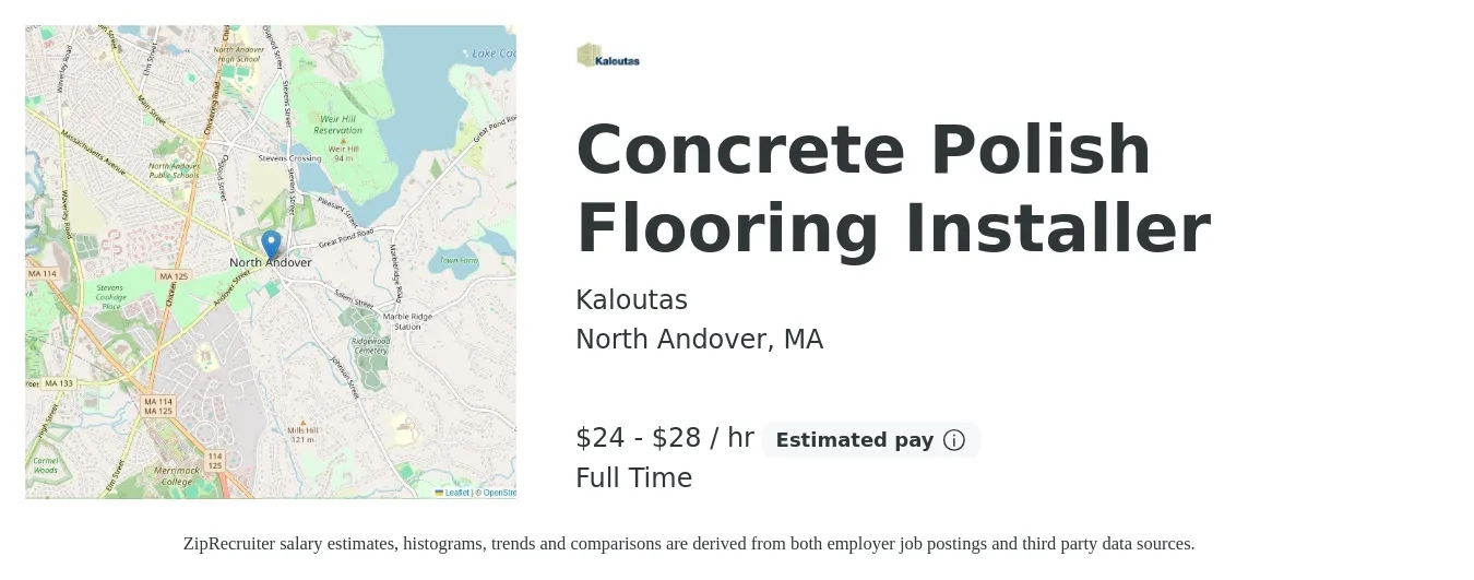 Kaloutas job posting for a Concrete Polish Flooring Installer in North Andover, MA with a salary of $25 to $30 Hourly with a map of North Andover location.