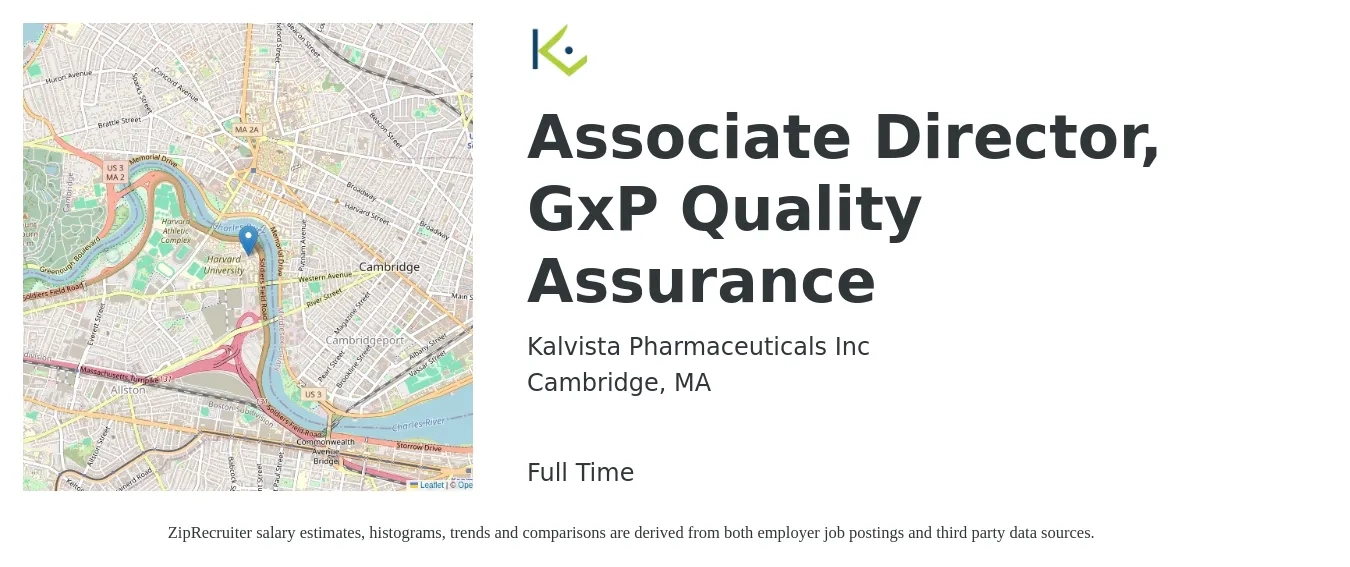 Kalvista Pharmaceuticals Inc job posting for a Associate Director, GxP Quality Assurance in Cambridge, MA with a salary of $21 to $39 Hourly with a map of Cambridge location.