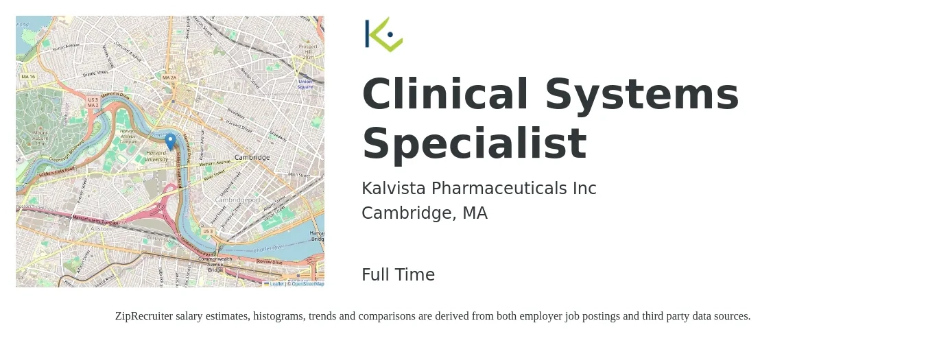 Kalvista Pharmaceuticals Inc job posting for a Clinical Systems Specialist in Cambridge, MA with a salary of $49,200 to $90,700 Yearly with a map of Cambridge location.