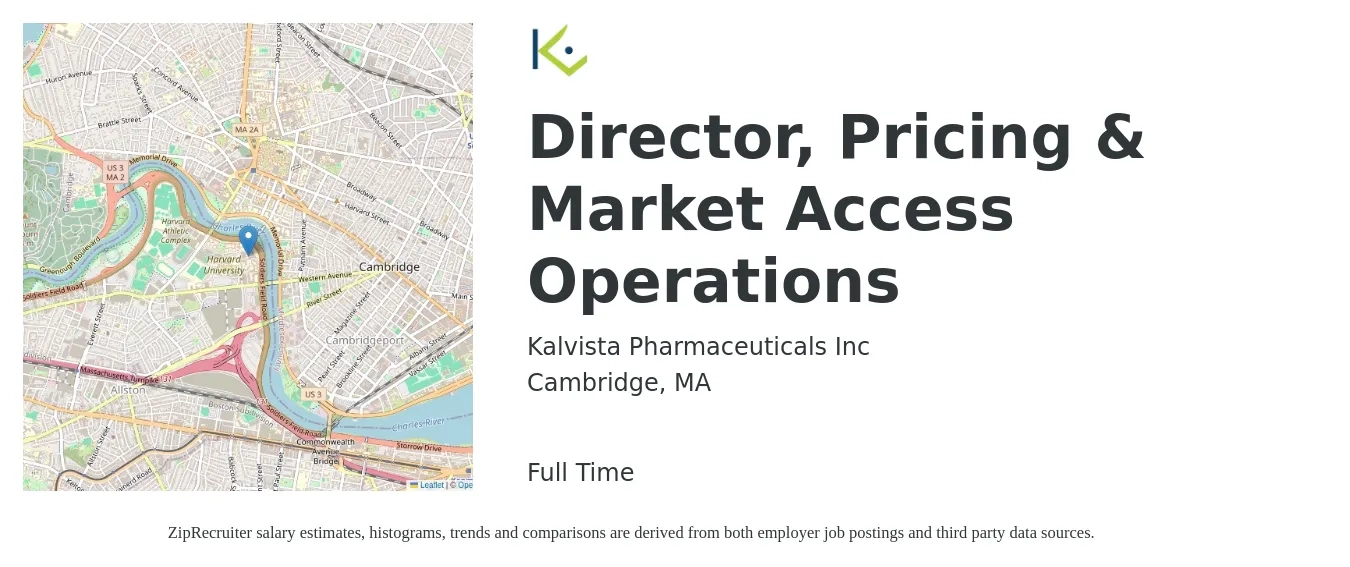 Kalvista Pharmaceuticals Inc job posting for a Director, Pricing & Market Access Operations in Cambridge, MA with a salary of $148,600 to $203,300 Yearly with a map of Cambridge location.