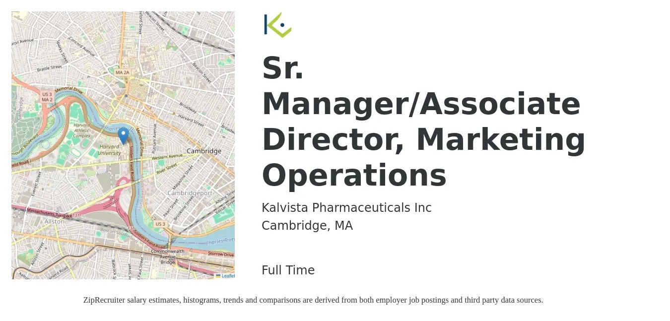 Kalvista Pharmaceuticals Inc job posting for a Sr. Manager/Associate Director, Marketing Operations in Cambridge, MA with a salary of $78,700 to $138,300 Yearly with a map of Cambridge location.