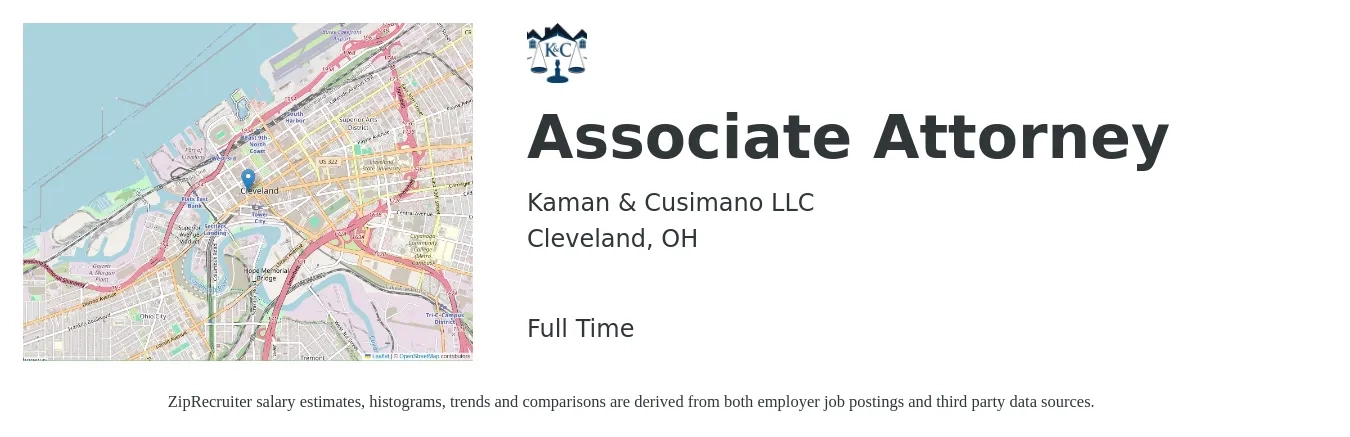 Kaman & Cusimano LLC job posting for a Associate Attorney in Cleveland, OH with a salary of $75,000 to $90,000 Yearly with a map of Cleveland location.
