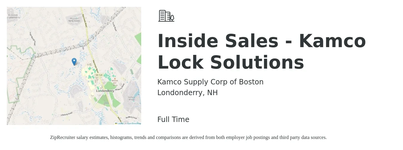 Kamco Supply Corp of Boston job posting for a Inside Sales - Kamco Lock Solutions in Londonderry, NH with a salary of $41,400 to $61,800 Yearly with a map of Londonderry location.