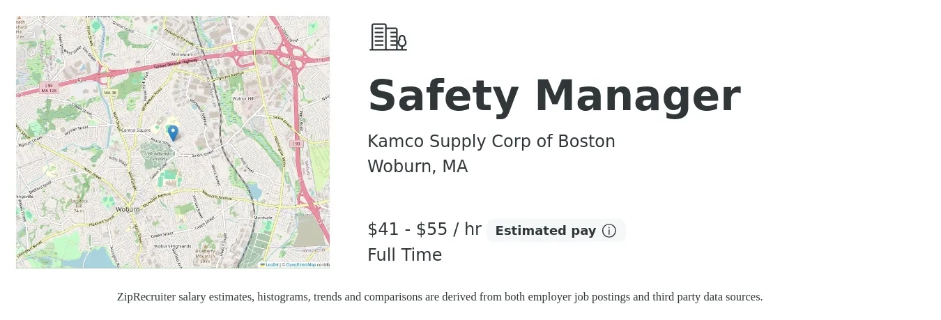 Kamco Supply Corp of Boston job posting for a Safety Manager in Woburn, MA with a salary of $90,000 to $120,000 Yearly with a map of Woburn location.