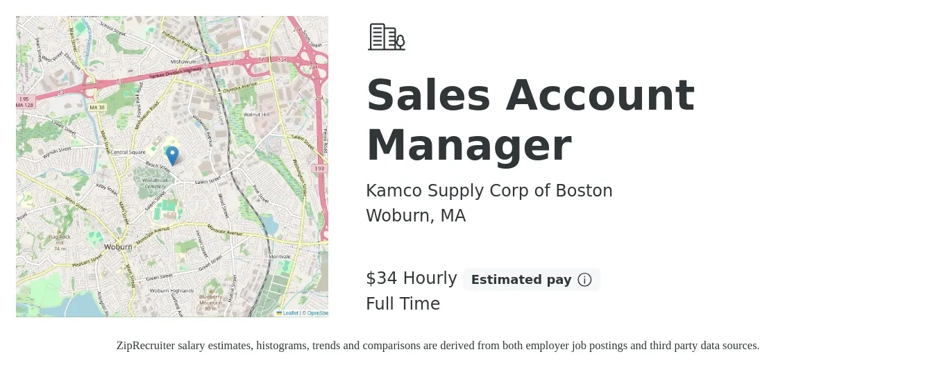 Kamco Supply Corp of Boston job posting for a Sales Account Manager in Woburn, MA with a salary of $75,000 Yearly with a map of Woburn location.