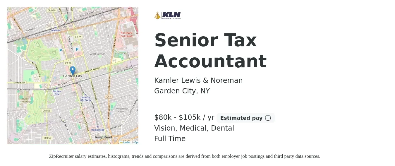 Kamler Lewis & Noreman job posting for a Senior Tax Accountant in Garden City, NY with a salary of $80,000 to $105,000 Yearly and benefits including retirement, vision, dental, and medical with a map of Garden City location.