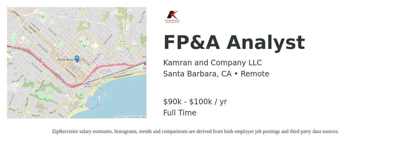 Kamran and Company LLC job posting for a FP&A Analyst in Santa Barbara, CA with a salary of $77,900 to $123,000 Yearly with a map of Santa Barbara location.