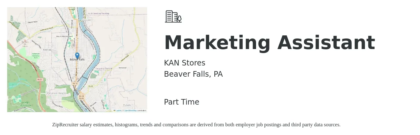 KAN Stores job posting for a Marketing Assistant in Beaver Falls, PA with a salary of $1,200 Monthly with a map of Beaver Falls location.