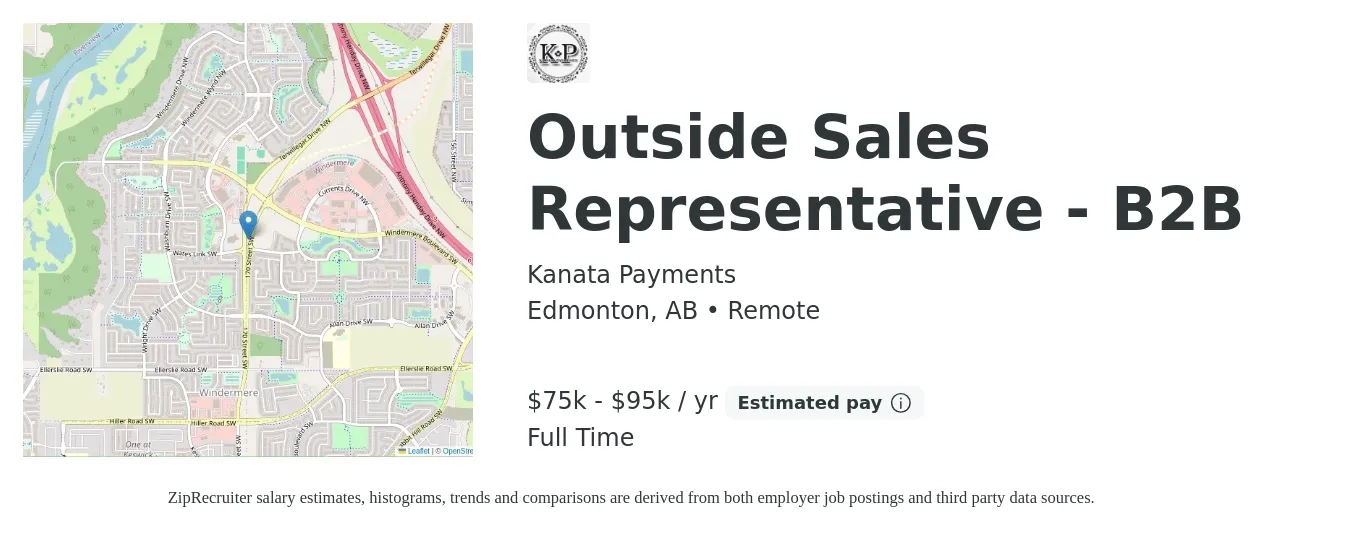 Kanata Payments job posting for a Outside Sales Representative - B2B in Edmonton, AB with a salary of $75,000 to $95,000 Yearly with a map of Edmonton location.