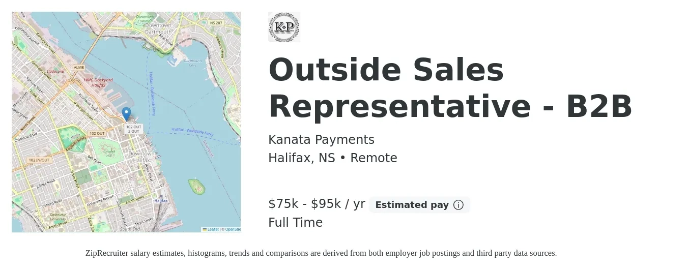 Kanata Payments job posting for a Outside Sales Representative - B2B in Halifax, NS with a salary of $75,000 to $95,000 Yearly with a map of Halifax location.