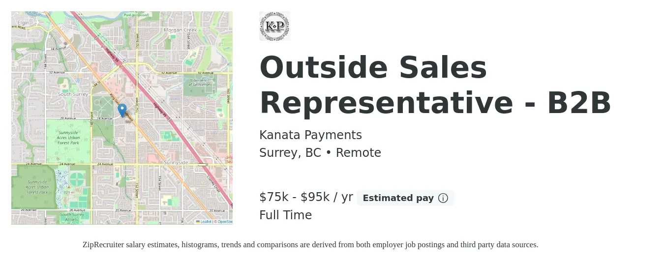 Kanata Payments job posting for a Outside Sales Representative - B2B in Surrey, BC with a salary of $75,000 to $95,000 Yearly with a map of Surrey location.