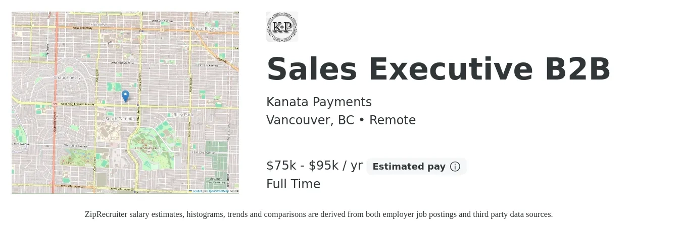 Kanata Payments job posting for a Sales Executive B2B in Vancouver, BC with a salary of $75,000 to $95,000 Yearly with a map of Vancouver location.