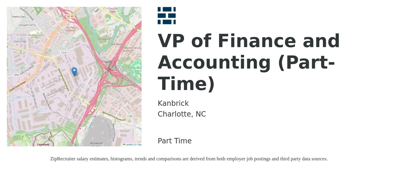 Kanbrick job posting for a VP of Finance and Accounting (Part-Time) in Charlotte, NC with a salary of $133,300 to $193,900 Yearly with a map of Charlotte location.