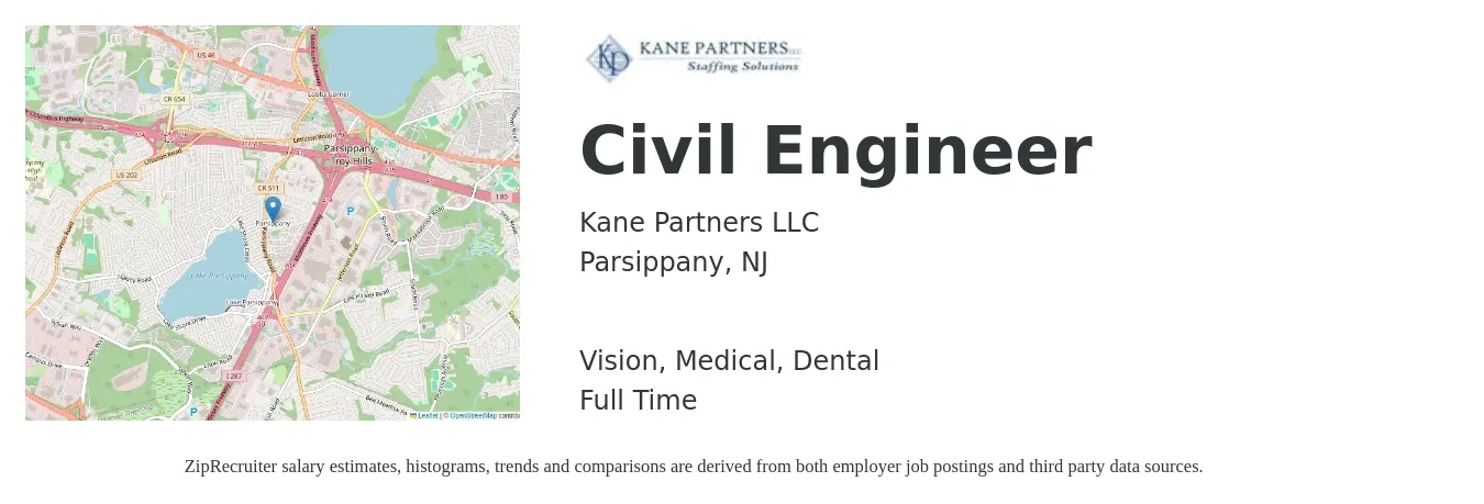 Kane Partners LLC job posting for a Civil Engineer in Parsippany, NJ with a salary of $67,900 to $99,100 Yearly and benefits including vision, dental, life_insurance, medical, pto, and retirement with a map of Parsippany location.