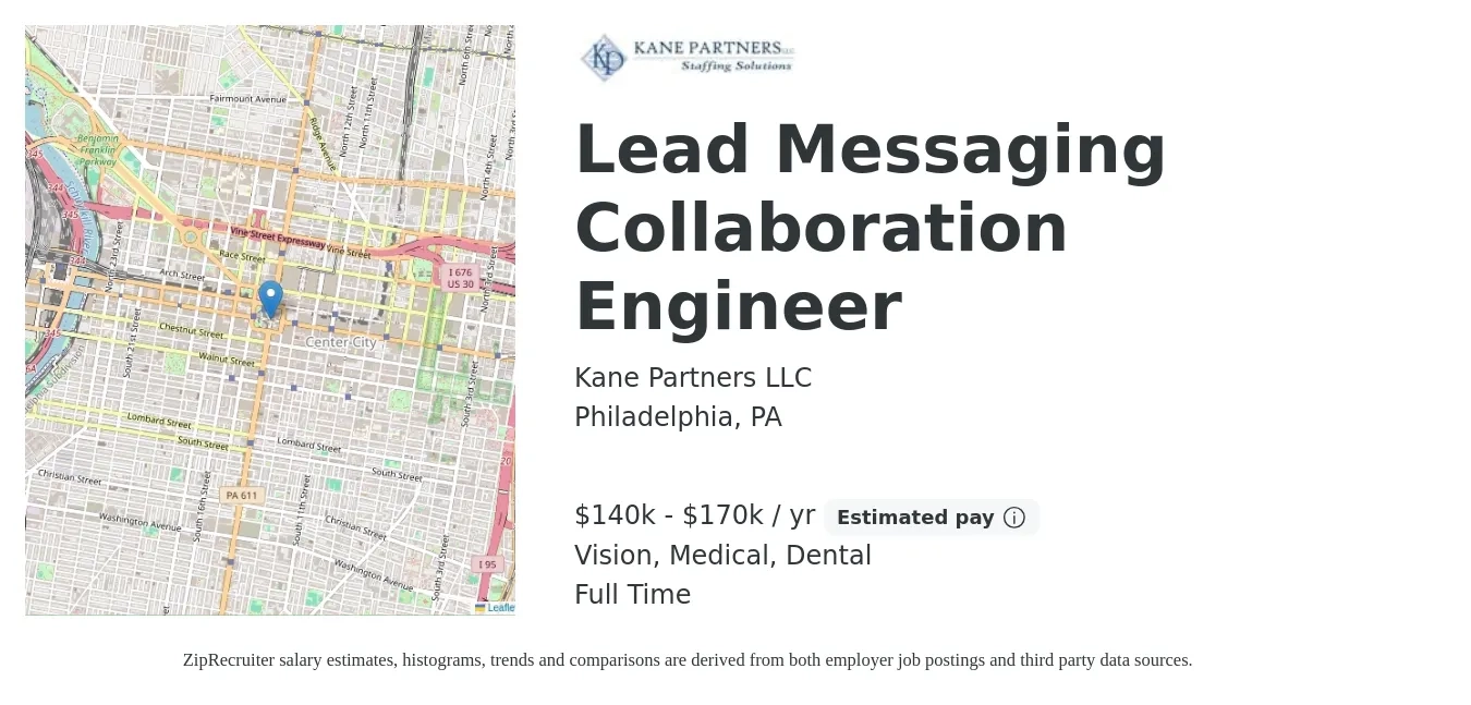 Kane Partners LLC job posting for a Lead Messaging Collaboration Engineer in Philadelphia, PA with a salary of $140,000 to $170,000 Yearly and benefits including dental, life_insurance, medical, pto, retirement, and vision with a map of Philadelphia location.