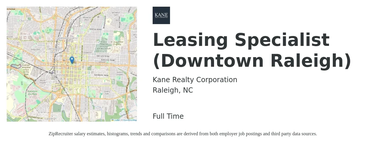 Kane Realty Corporation job posting for a Leasing Specialist (Downtown Raleigh) in Raleigh, NC with a salary of $16 to $22 Hourly with a map of Raleigh location.