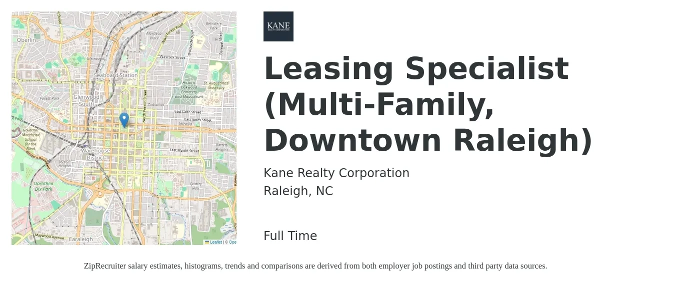 Kane Realty Corporation job posting for a Leasing Specialist (Multi-Family, Downtown Raleigh) in Raleigh, NC with a salary of $16 to $22 Hourly with a map of Raleigh location.