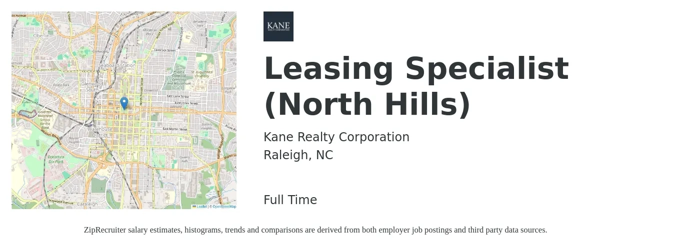Kane Realty Corporation job posting for a Leasing Specialist (North Hills) in Raleigh, NC with a salary of $16 to $22 Hourly with a map of Raleigh location.