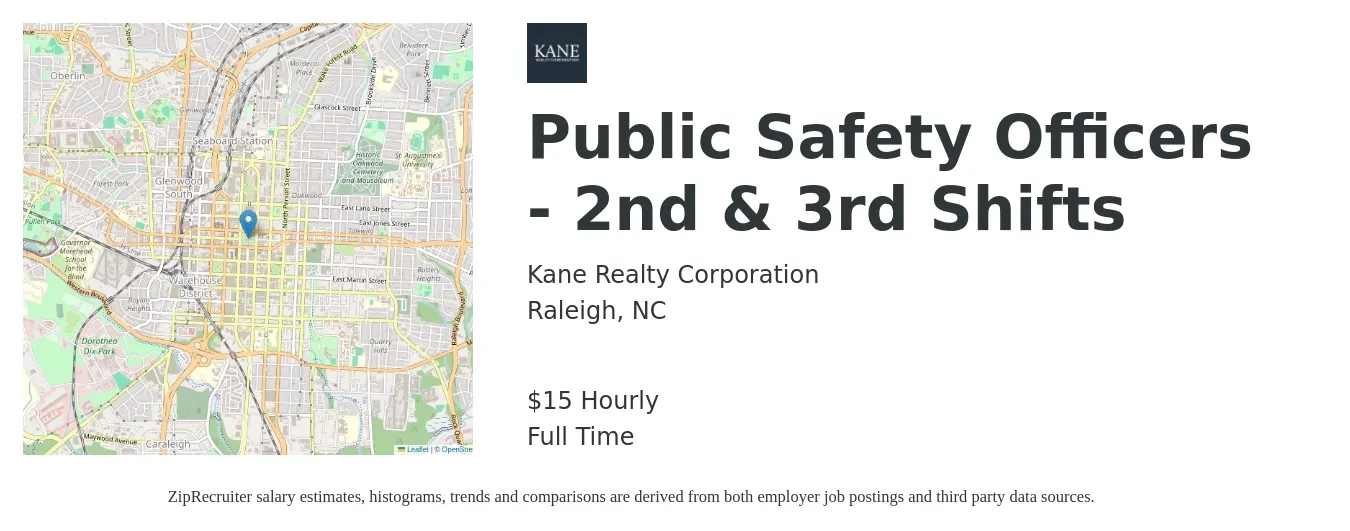 Kane Realty Corporation job posting for a Public Safety Officers - 2nd & 3rd Shifts in Raleigh, NC with a salary of $16 Hourly with a map of Raleigh location.