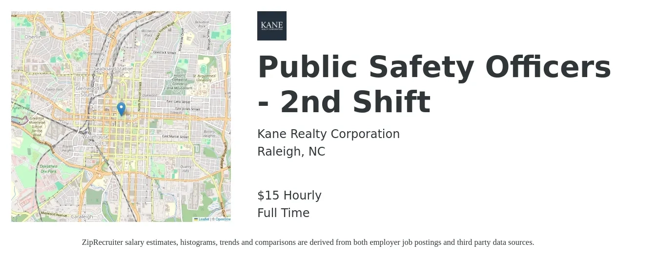 Kane Realty Corporation job posting for a Public Safety Officers - 2nd Shift in Raleigh, NC with a salary of $16 Hourly with a map of Raleigh location.