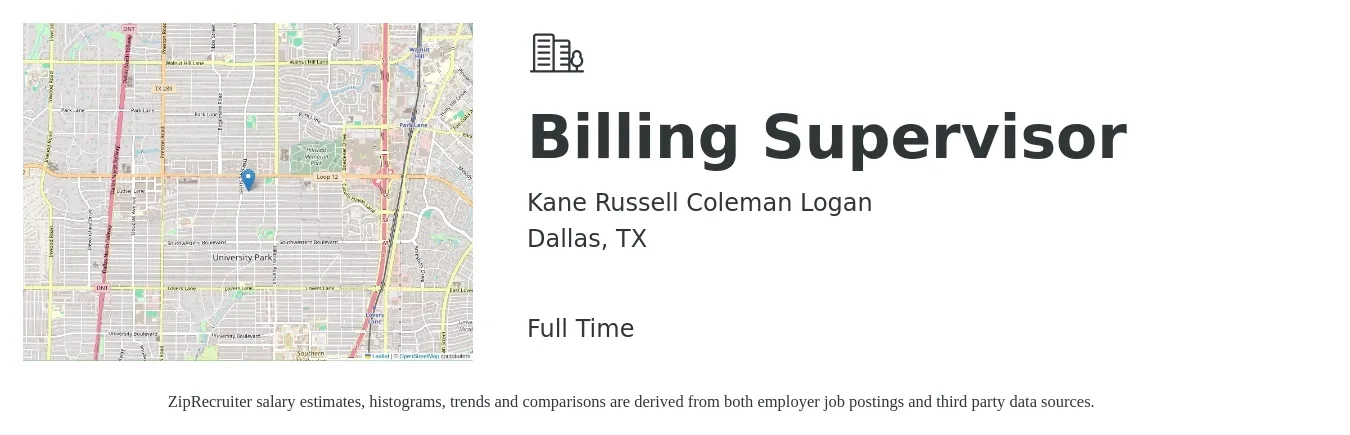 Kane Russell Coleman Logan job posting for a Billing Supervisor in Dallas, TX with a salary of $51,400 to $73,200 Yearly with a map of Dallas location.
