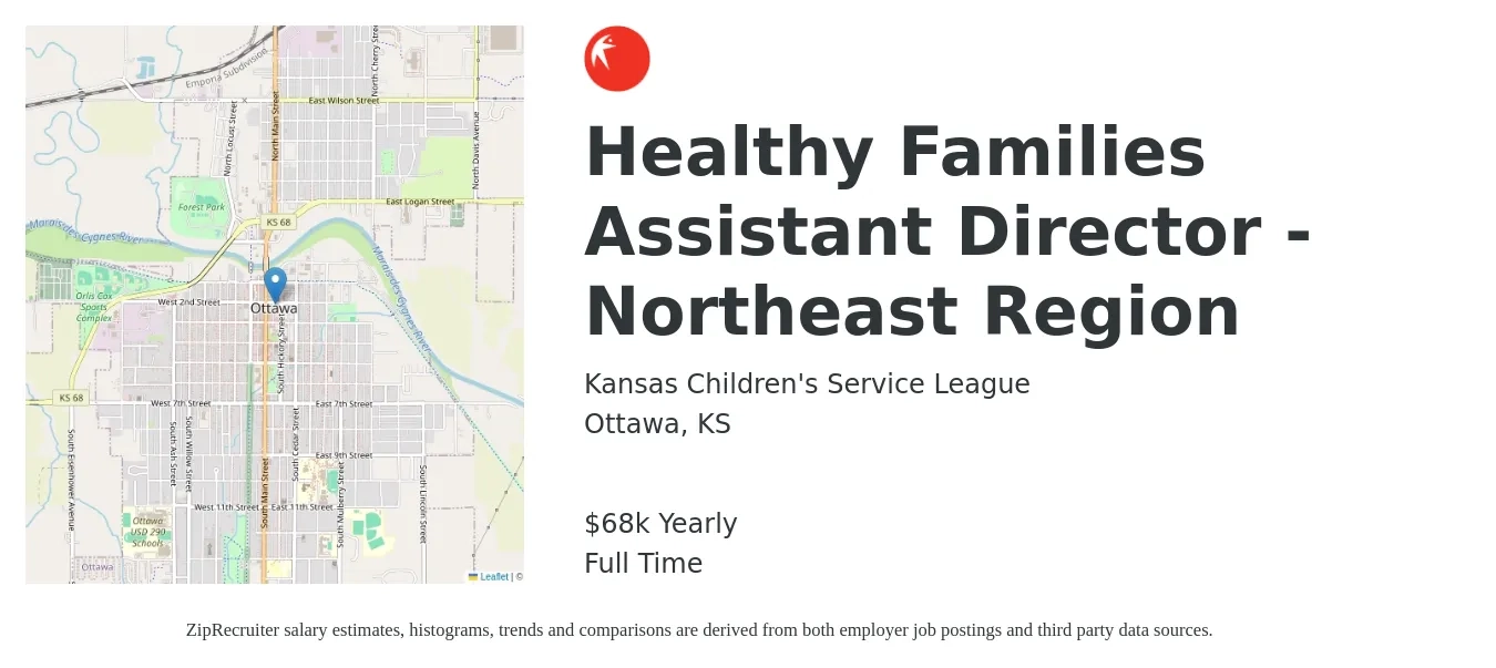 Kansas Children's Service League job posting for a Healthy Families Assistant Director - Northeast Region in Ottawa, KS with a salary of $68,000 Yearly with a map of Ottawa location.
