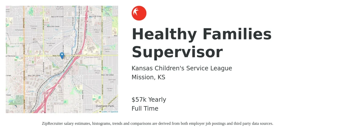 Kansas Children's Service League job posting for a Healthy Families Supervisor in Mission, KS with a salary of $57,000 Yearly with a map of Mission location.
