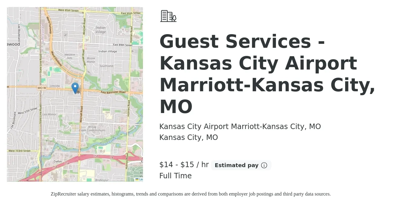 Kansas City Airport Marriott-Kansas City, MO job posting for a Guest Services -Kansas City Airport Marriott-Kansas City, MO in Kansas City, MO with a salary of $16 to $16 Hourly with a map of Kansas City location.