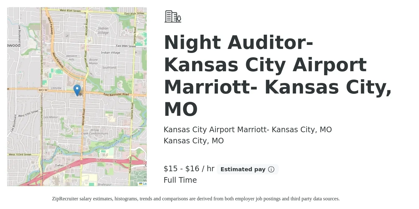 Kansas City Airport Marriott- Kansas City, MO job posting for a Night Auditor- Kansas City Airport Marriott- Kansas City, MO in Kansas City, MO with a salary of $16 to $17 Hourly with a map of Kansas City location.