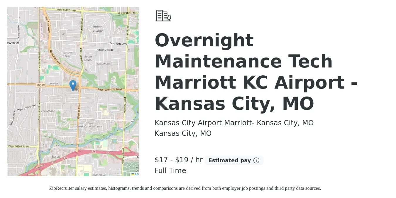 Kansas City Airport Marriott- Kansas City, MO job posting for a Overnight Maintenance Tech Marriott KC Airport - Kansas City, MO in Kansas City, MO with a salary of $18 to $20 Hourly with a map of Kansas City location.