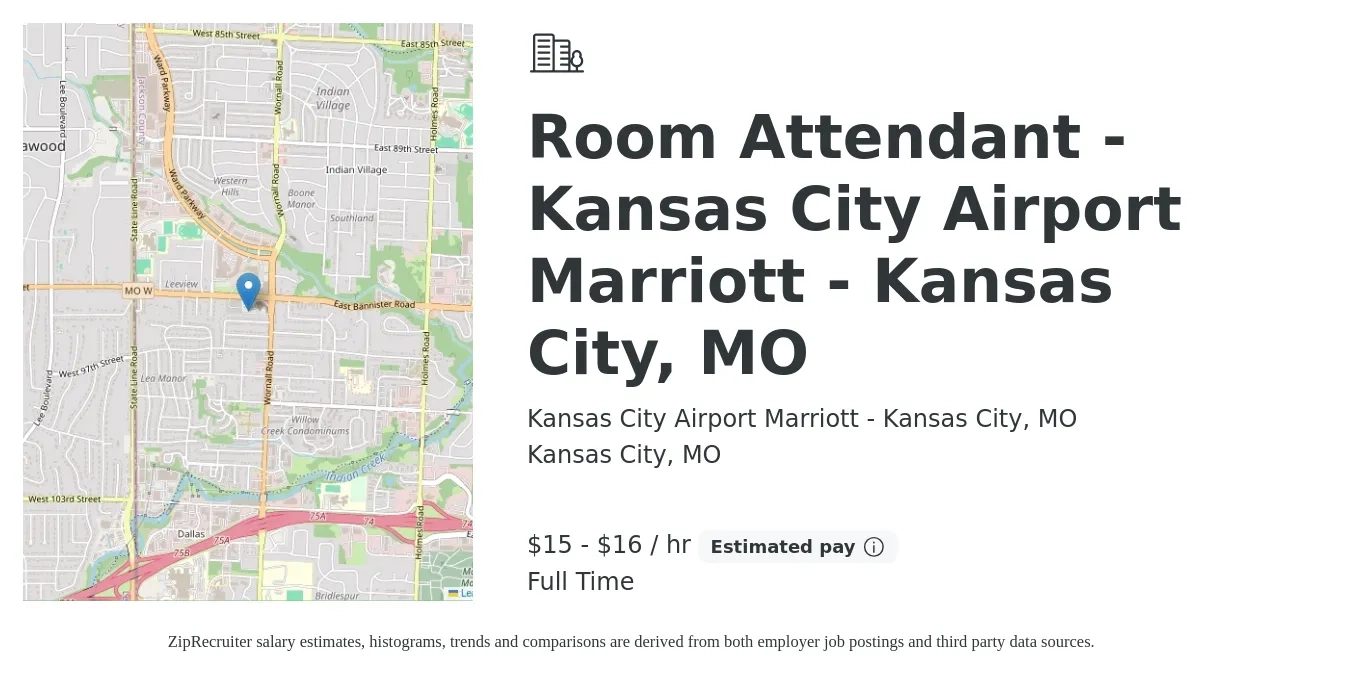 Kansas City Airport Marriott - Kansas City, MO job posting for a Room Attendant - Kansas City Airport Marriott - Kansas City, MO in Kansas City, MO with a salary of $16 to $17 Hourly with a map of Kansas City location.