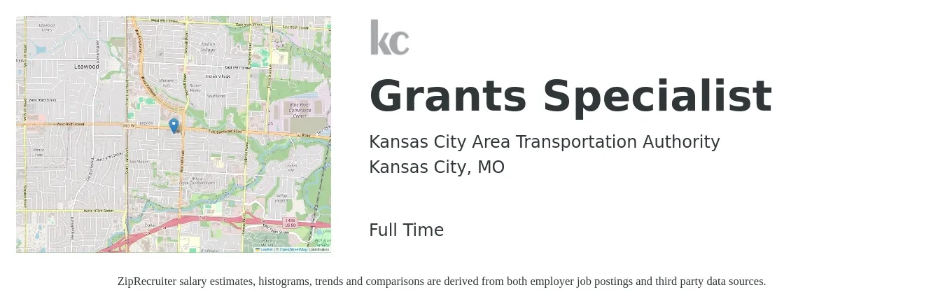 Kansas City Area Transportation Authority job posting for a Grants Specialist in Kansas City, MO with a salary of $55,600 to $96,100 Yearly with a map of Kansas City location.