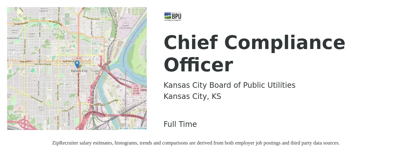 Kansas City Board of Public Utilities job posting for a Chief Compliance Officer in Kansas City, KS with a salary of $60,100 to $112,300 Yearly with a map of Kansas City location.