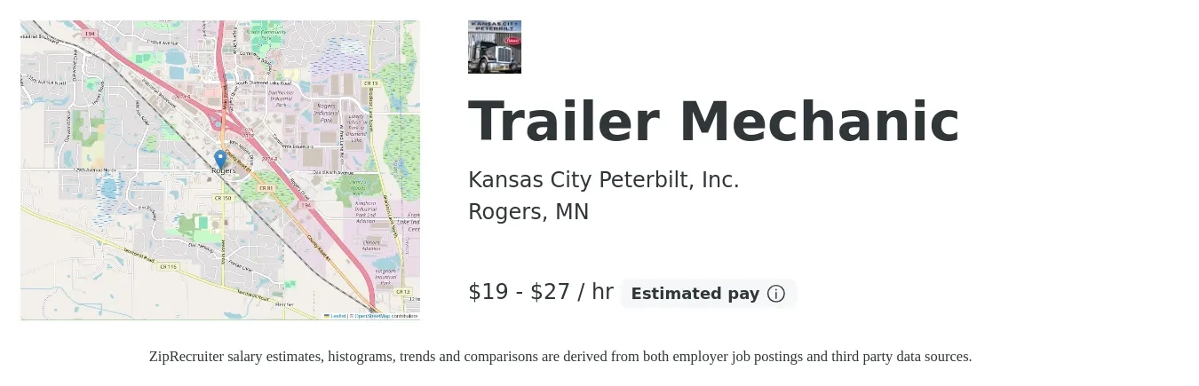 Kansas City Peterbilt, Inc. job posting for a Trailer Mechanic in Rogers, MN with a salary of $20 to $29 Hourly with a map of Rogers location.