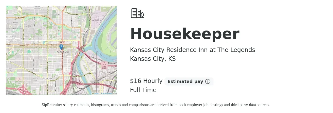 Kansas City Residence Inn at The Legends job posting for a Housekeeper in Kansas City, KS with a salary of $17 Hourly with a map of Kansas City location.