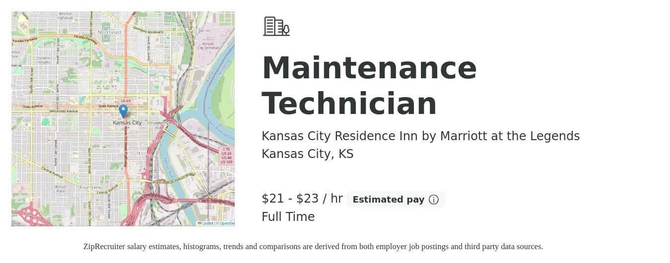 Kansas City Residence Inn by Marriott at the Legends job posting for a Maintenance Technician in Kansas City, KS with a salary of $22 to $24 Hourly with a map of Kansas City location.