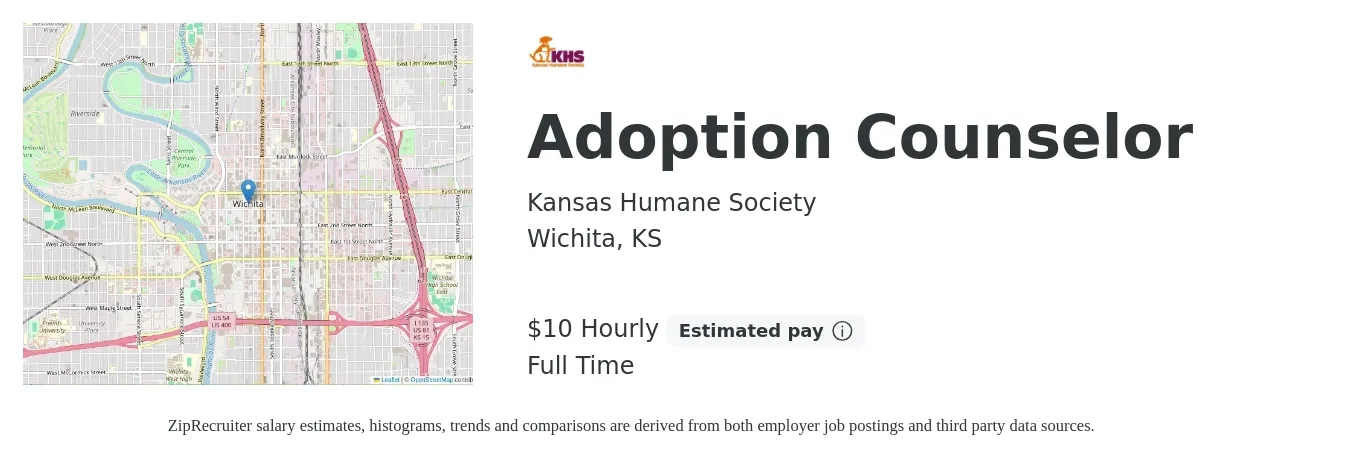 Kansas Humane Society job posting for a Adoption Counselor in Wichita, KS with a salary of $11 Hourly with a map of Wichita location.