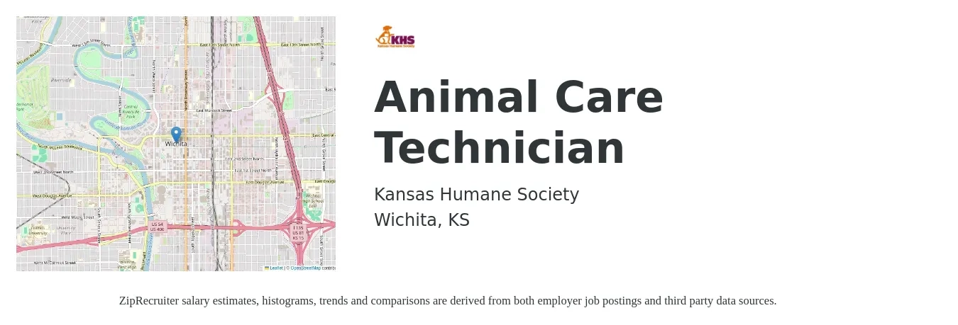 Kansas Humane Society job posting for a Animal Care Technician in Wichita, KS with a salary of $11 Hourly with a map of Wichita location.