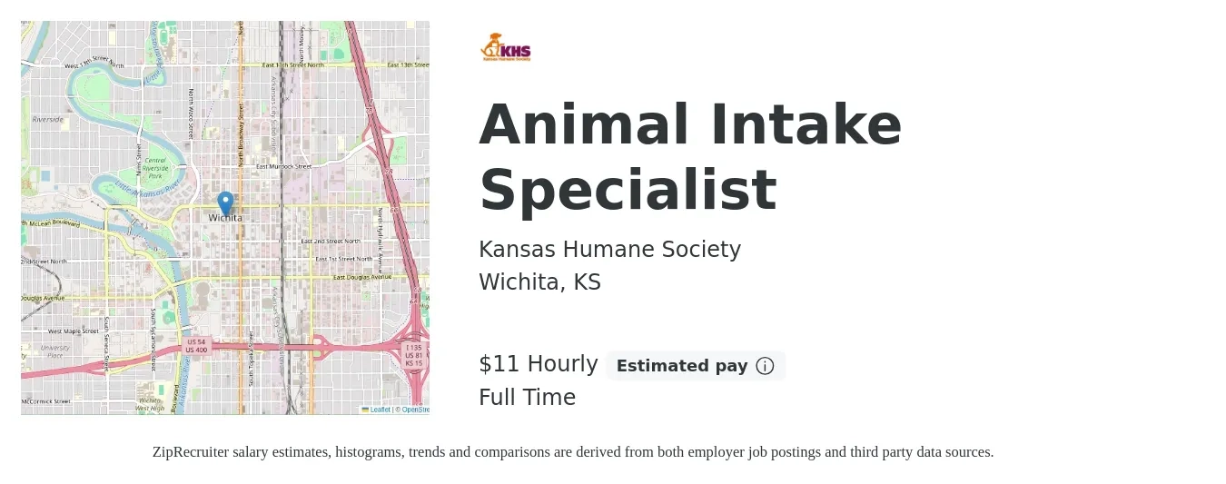 Kansas Humane Society job posting for a Animal Intake Specialist in Wichita, KS with a salary of $12 Hourly with a map of Wichita location.