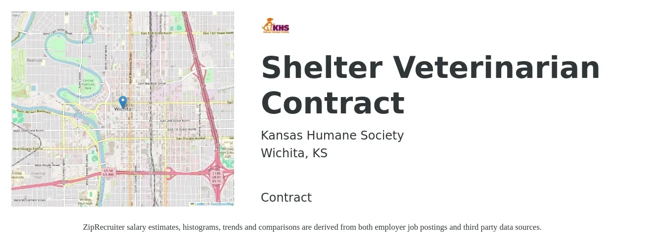 Kansas Humane Society job posting for a Shelter Veterinarian Contract in Wichita, KS with a salary of $100,200 to $195,000 Yearly with a map of Wichita location.