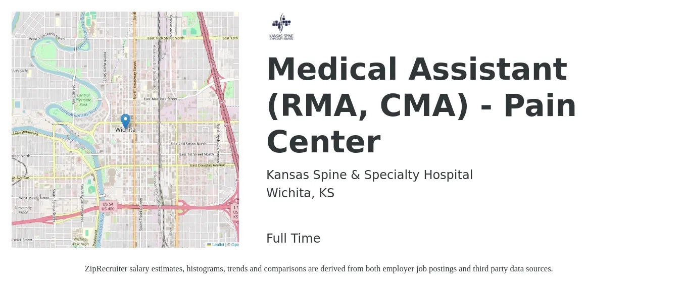 Kansas Spine & Specialty Hospital job posting for a Medical Assistant (RMA, CMA) - Pain Center in Wichita, KS with a salary of $15 to $20 Hourly with a map of Wichita location.
