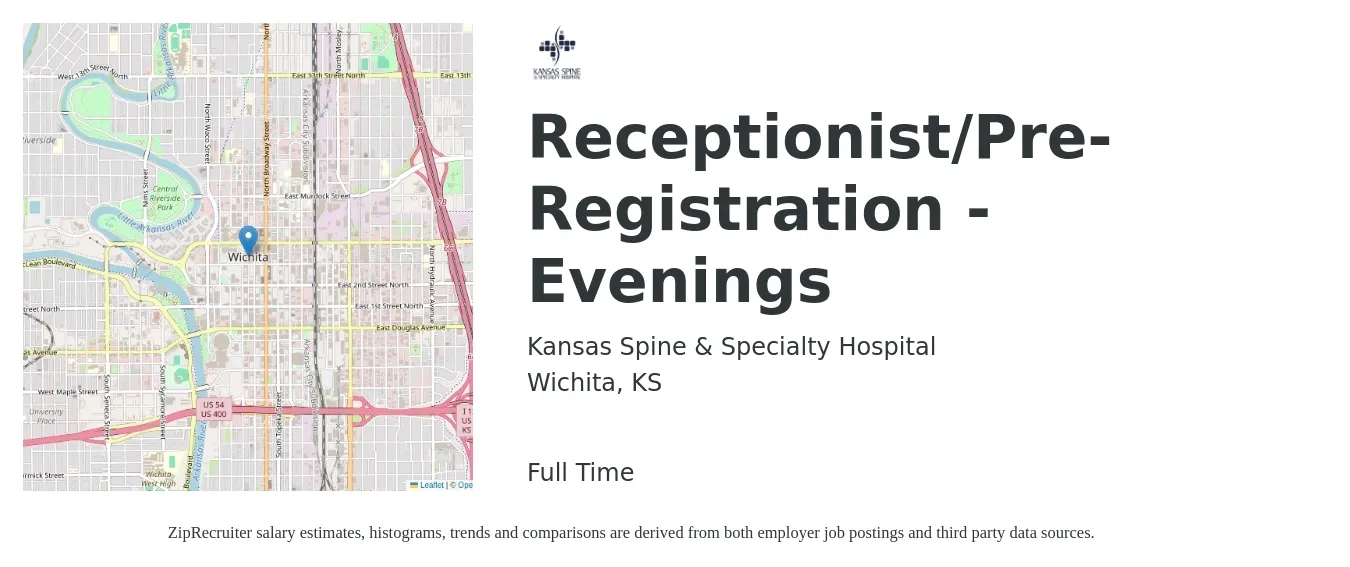 Kansas Spine & Specialty Hospital job posting for a Receptionist/Pre-Registration - Evenings in Wichita, KS with a salary of $14 to $18 Hourly with a map of Wichita location.