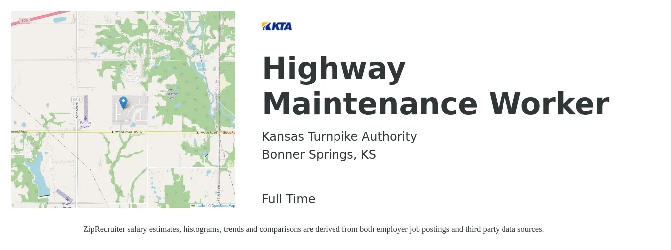 Kansas Turnpike Authority job posting for a Highway Maintenance Worker in Bonner Springs, KS with a salary of $40,100 to $52,200 Yearly with a map of Bonner Springs location.