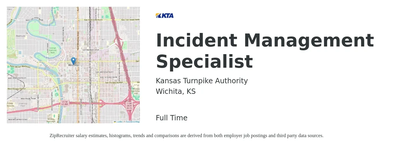 Kansas Turnpike Authority job posting for a Incident Management Specialist in Wichita, KS with a salary of $20 to $31 Hourly with a map of Wichita location.