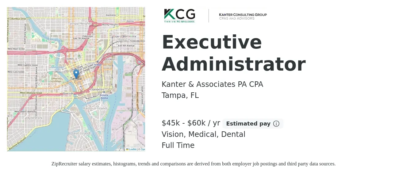 Kanter & Associates PA CPA job posting for a Executive Administrator in Tampa, FL with a salary of $45,000 to $60,000 Yearly (plus commission) and benefits including dental, medical, pto, retirement, and vision with a map of Tampa location.