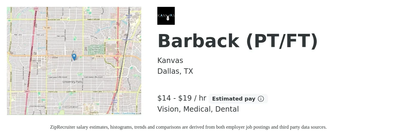 Kanvas job posting for a Barback (PT/FT) in Dallas, TX with a salary of $15 to $20 Hourly and benefits including medical, vision, and dental with a map of Dallas location.